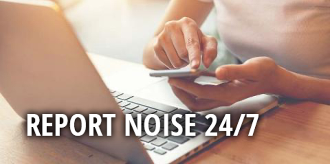 Computer with person typing on phone and Report Noise 24/7 text