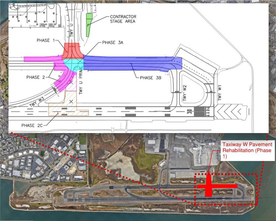 Map graphic showing the Taxiway W Pavement Rehabilitation plan, Phase 1