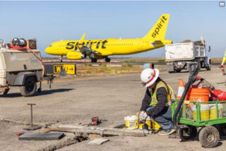A construction worker performs work on pavement with a Spirit airlines jet in the background
