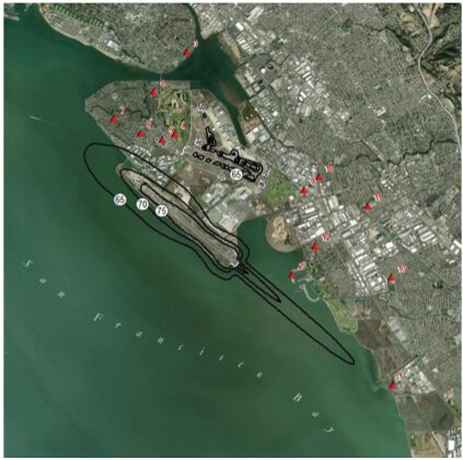 Screenshot 2025-10-23 at 2.44.47 PM Aerial Map of Oakland Airport (OAK) with Noise Monitoring Locations and Contour Lines.