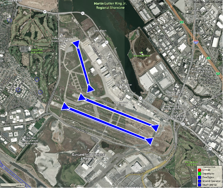 Touch-and-Go Flight Patterns on Runways 10R/28L and 15/33 at Oakland International Airport (OAK) This aerial view shows touch-and-go procedures on multiple runways at OAK, including 10R/28L and 15/33. Blue arrows trace the typical circuit paths used by training aircraft during touch-and-go maneuvers.