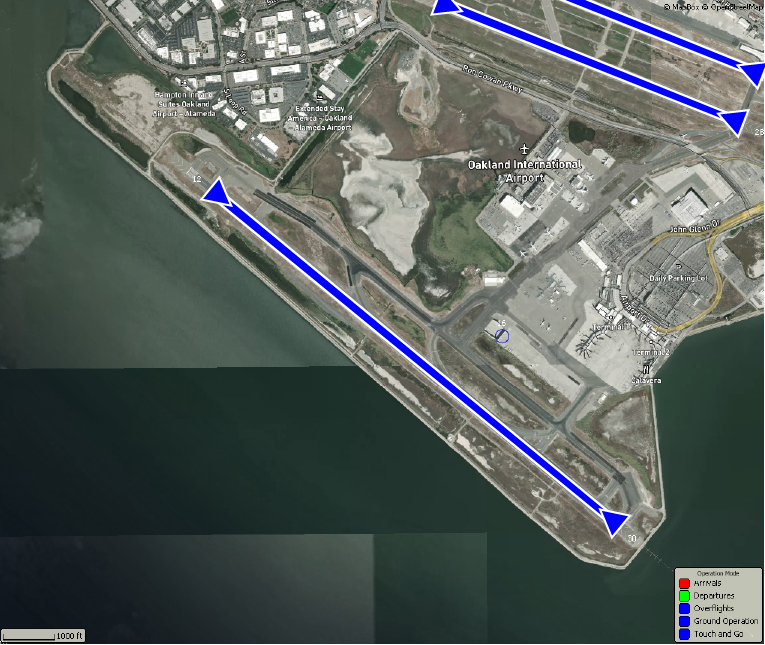 A satellite map of Oakland International Airport showing touch-and-go flight operations on Runway 12/30. Blue arrows indicate aircraft movement starting from Runway 30 and looping back to land again on Runway 12.